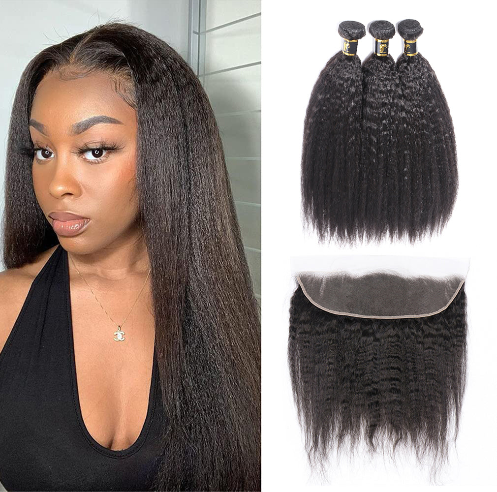 100% Unprocessed Brazilian Virgin Kinky Straight Human Hair 3 Bundles with 13x4 Lace Frontal Natural Black Color Hair Extension