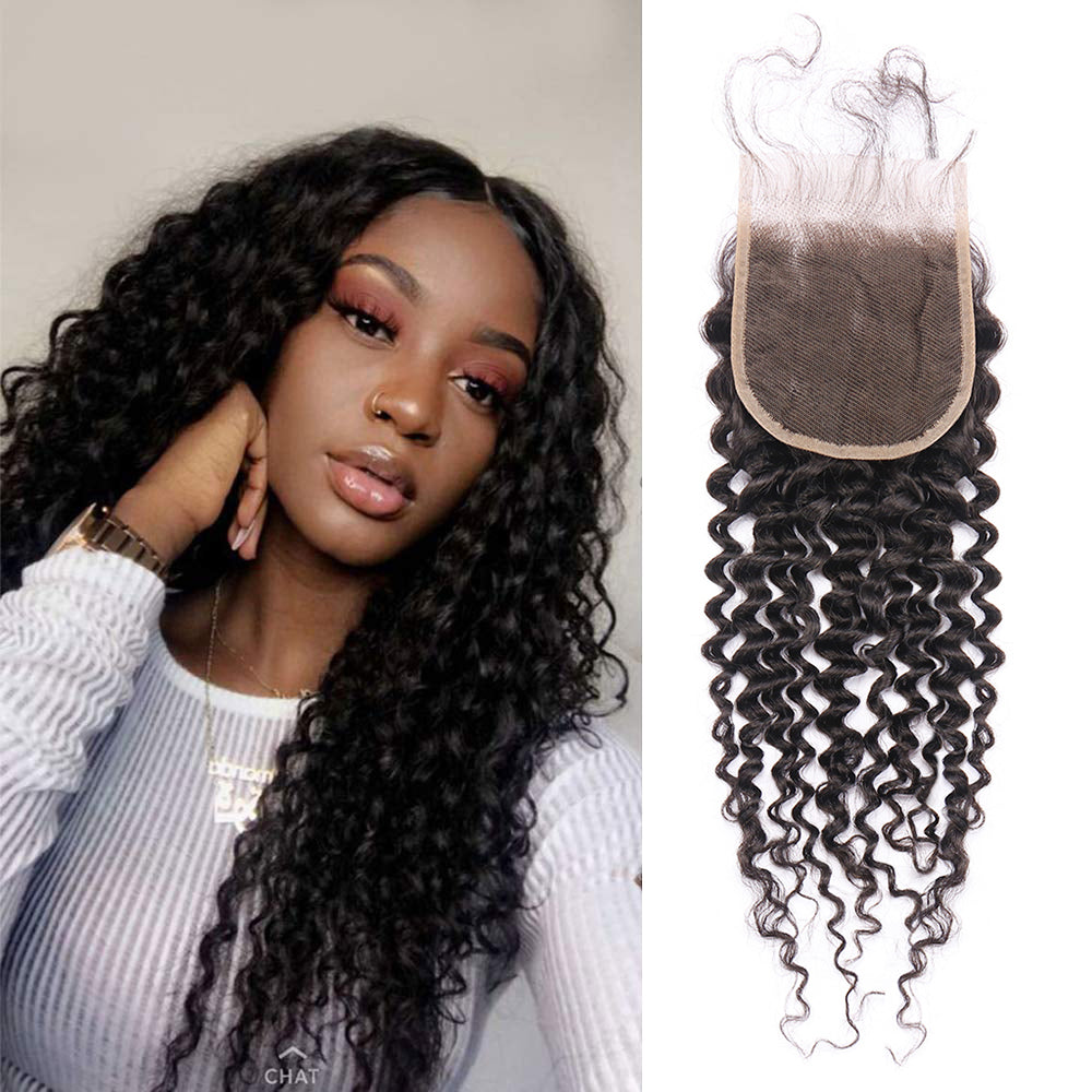 Brazilian Deep Wave 4x4 Lace Closure Free Part Deep Curly Human Hair Accessories Naturl Black Soft and Smooth