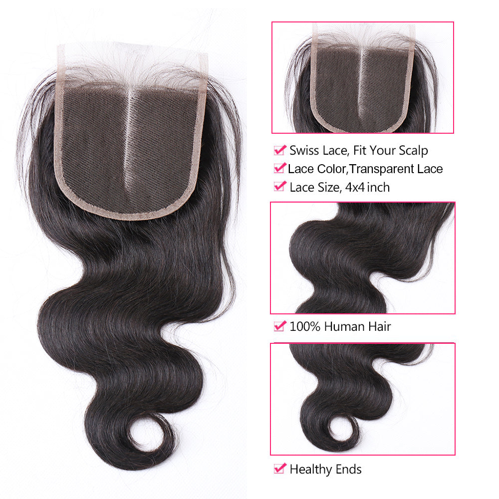 Brazilian Hair 4X4 Body Wave Middle Part Lace Closure Pre Plucked with Baby Hair For Black Women Free Shipping