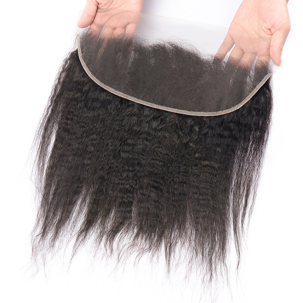 100% Unprocessed Brazilian Virgin Kinky Straight Human Hair 3 Bundles with 13x4 Lace Frontal Natural Black Color Hair Extension