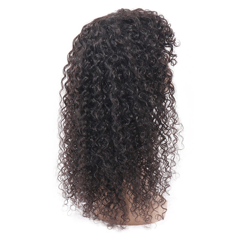 Curly Wave Human Hair Wigs with Bangs Virgin Deep Curly None Lace Front Wigs For Black Women Glueless Machine Made Wigs Natural Black 150% Density